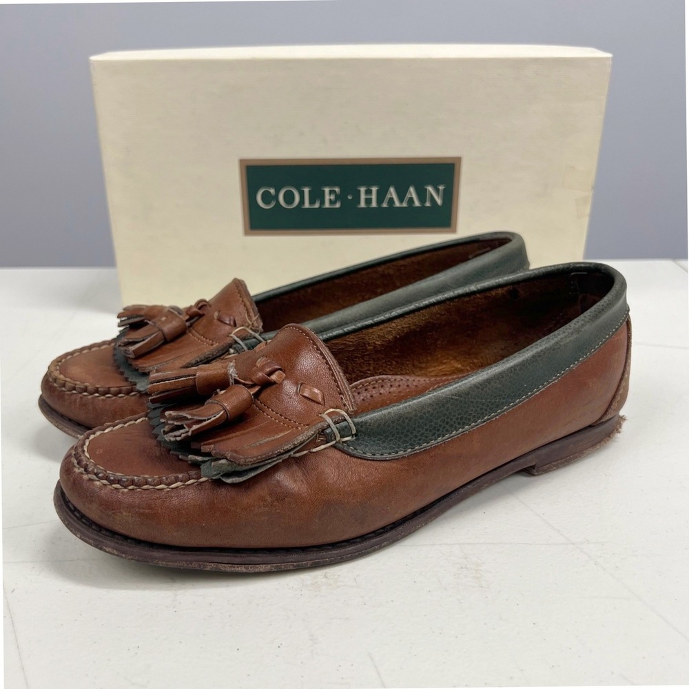 Cole Haan Brown Leather Tassel Loafers with Dark Green Trim